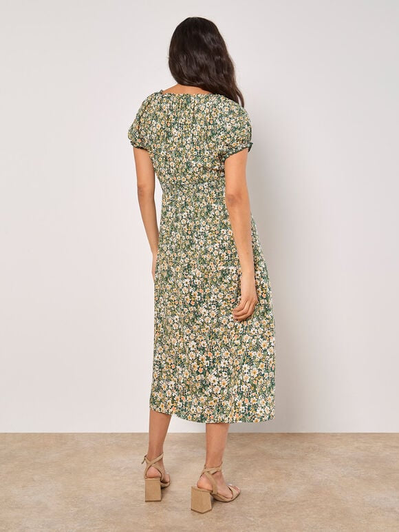 Watercolour Ditsy Milkmaid Midi Dress - Apricot