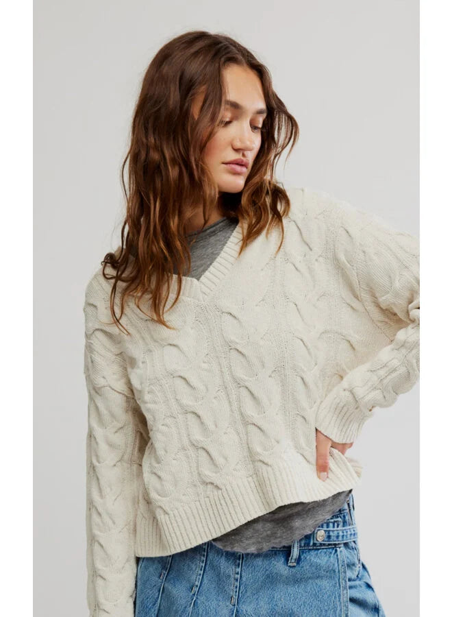 Washed Cable V Neck - Free People