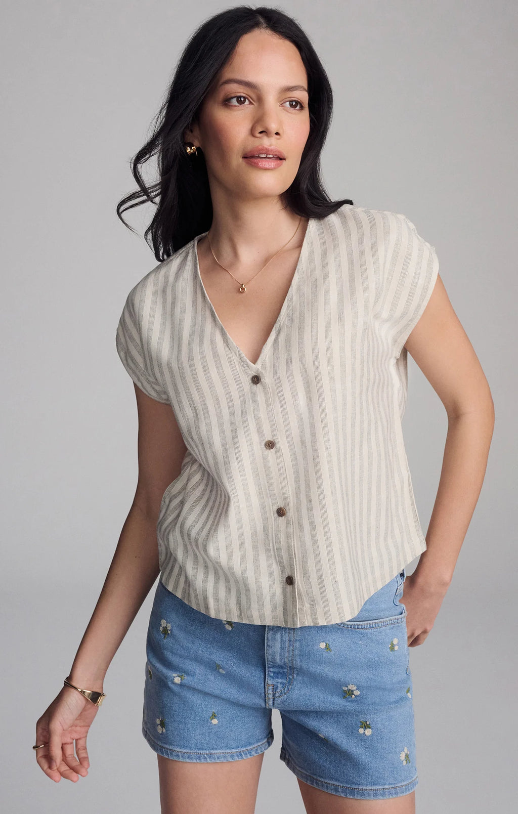 V-Neck Short Sleeve Button Shirt - Mavi