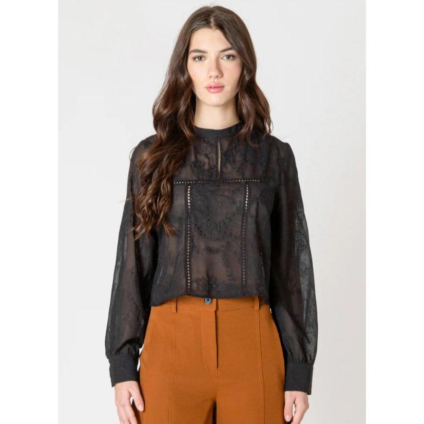 Embroidered Lace Insert Top - Black Tape