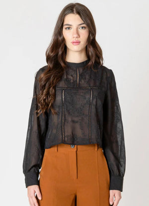 Embroidered Lace Insert Top - Black Tape