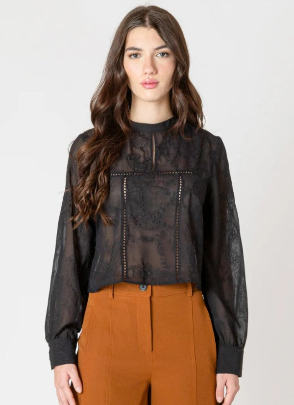 Embroidered Lace Insert Top - Black Tape