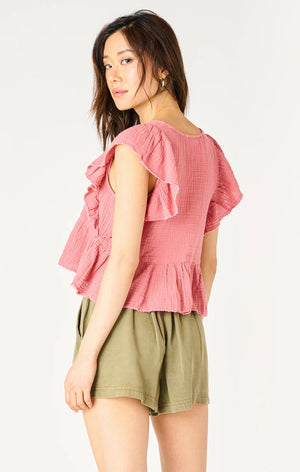 Flutter Sleeve V-Neck Button Front Top - Dex