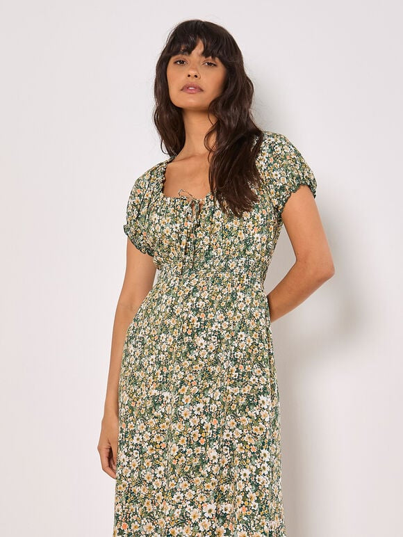 Watercolour Ditsy Milkmaid Midi Dress - Apricot