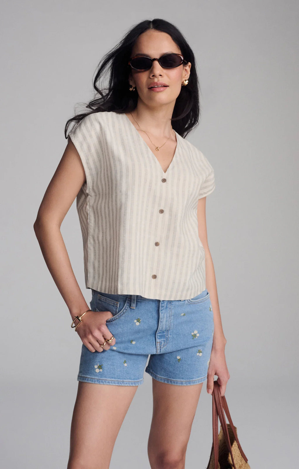 V-Neck Short Sleeve Button Shirt - Mavi
