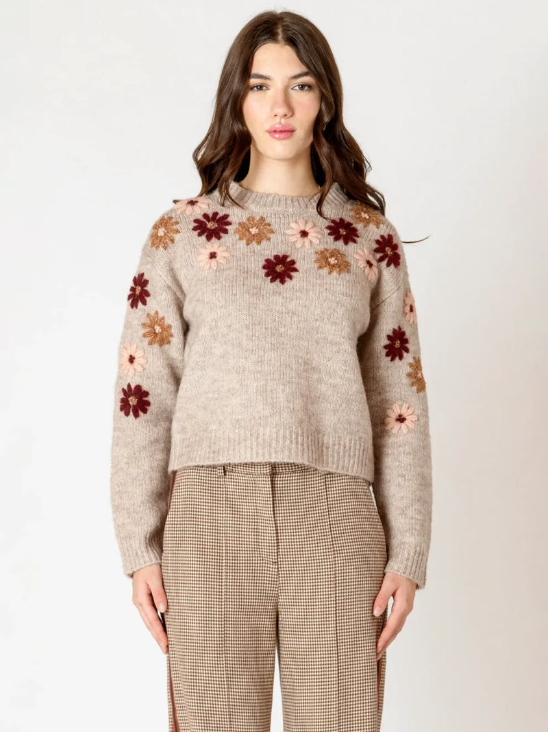 Crewneck Floral Applique Sweater - Black Tape