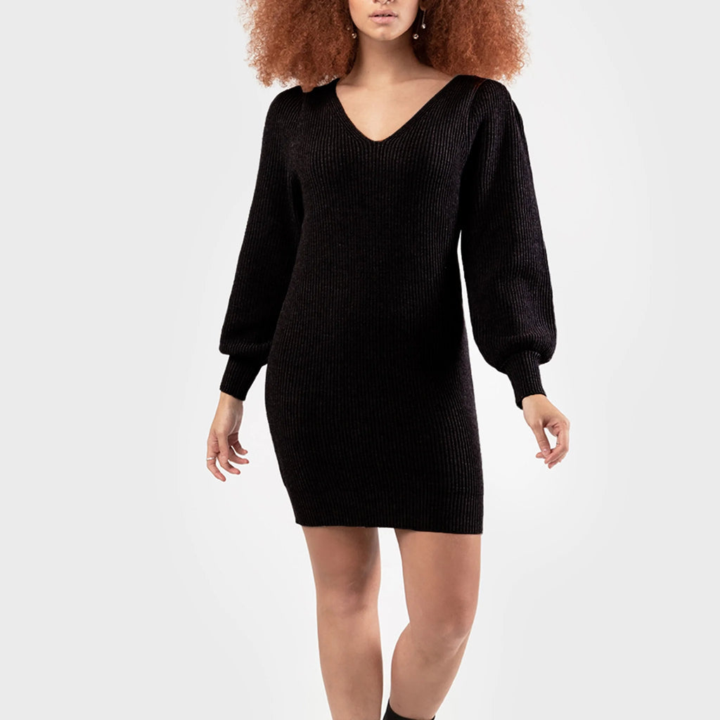 Long Sleeve V-Neck Sweater Dress - Dex Plus
